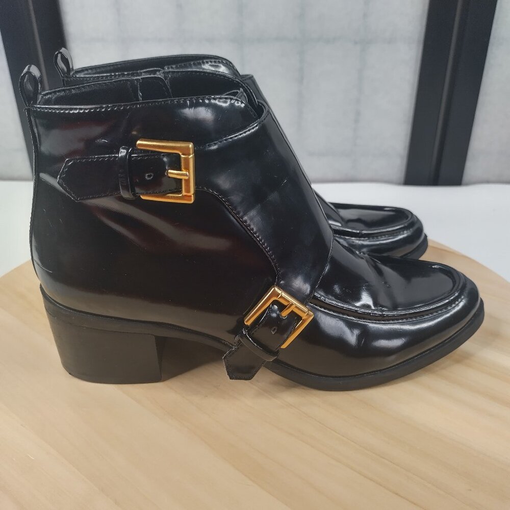 Anne Klein Jeffrey Faux Patent Leather Black Booties Double Buckle Women US 6.5M